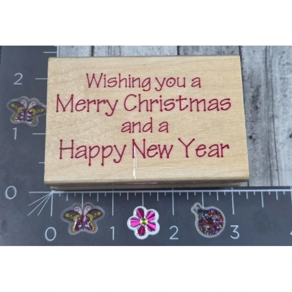 Sonlight Impressions Wishing Merry Christmas New Year Rubber Stamp Wood #H104